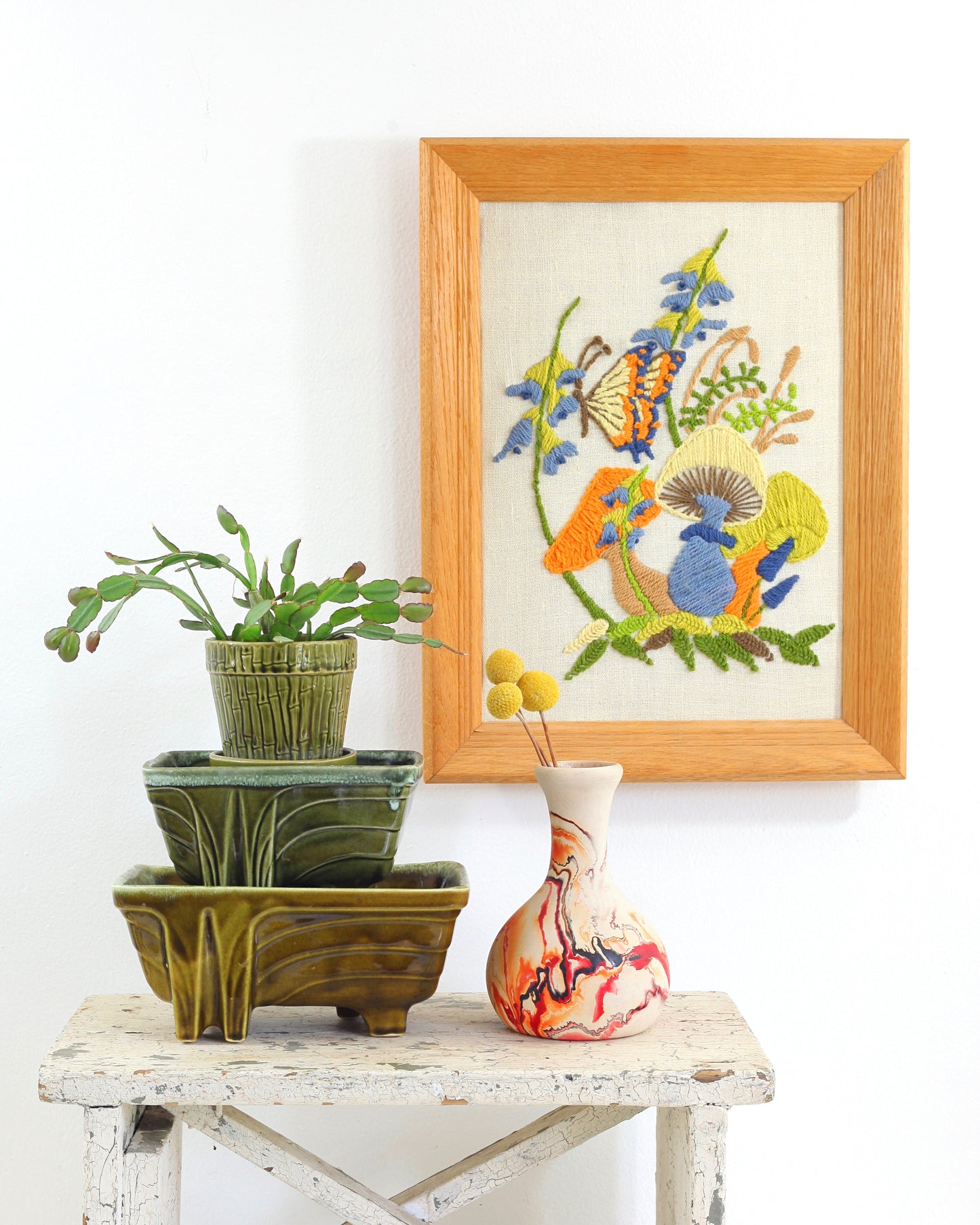 SOLD - Vintage Toadstool Crewel Embroidery