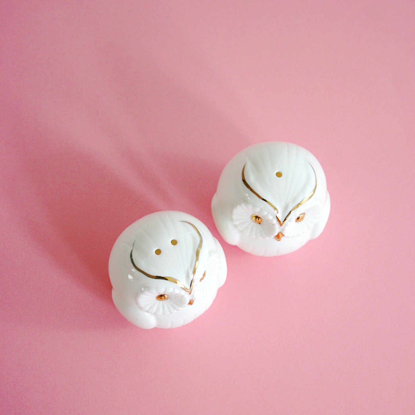 SOLD - Vintage White and Gold Ceramic Owl Salt and Pepper Shakers