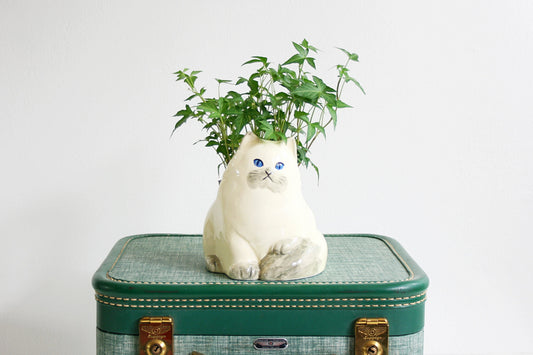 SOLD - Mid Century Takahashi Cat Planter / Vintage White Ceramic Kitten Planter