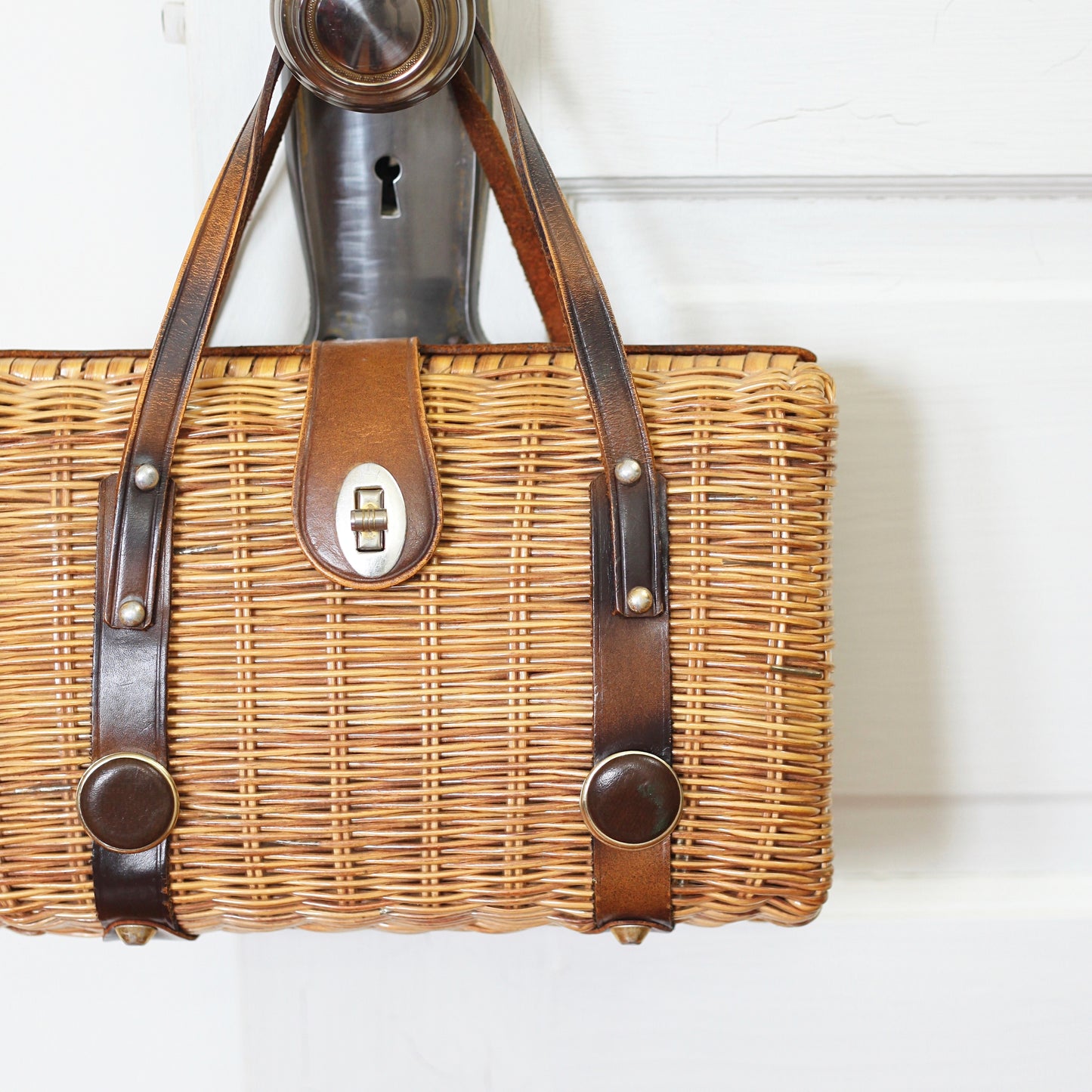 SOLD - Vintage Woven Basket Purse with Leather Accents