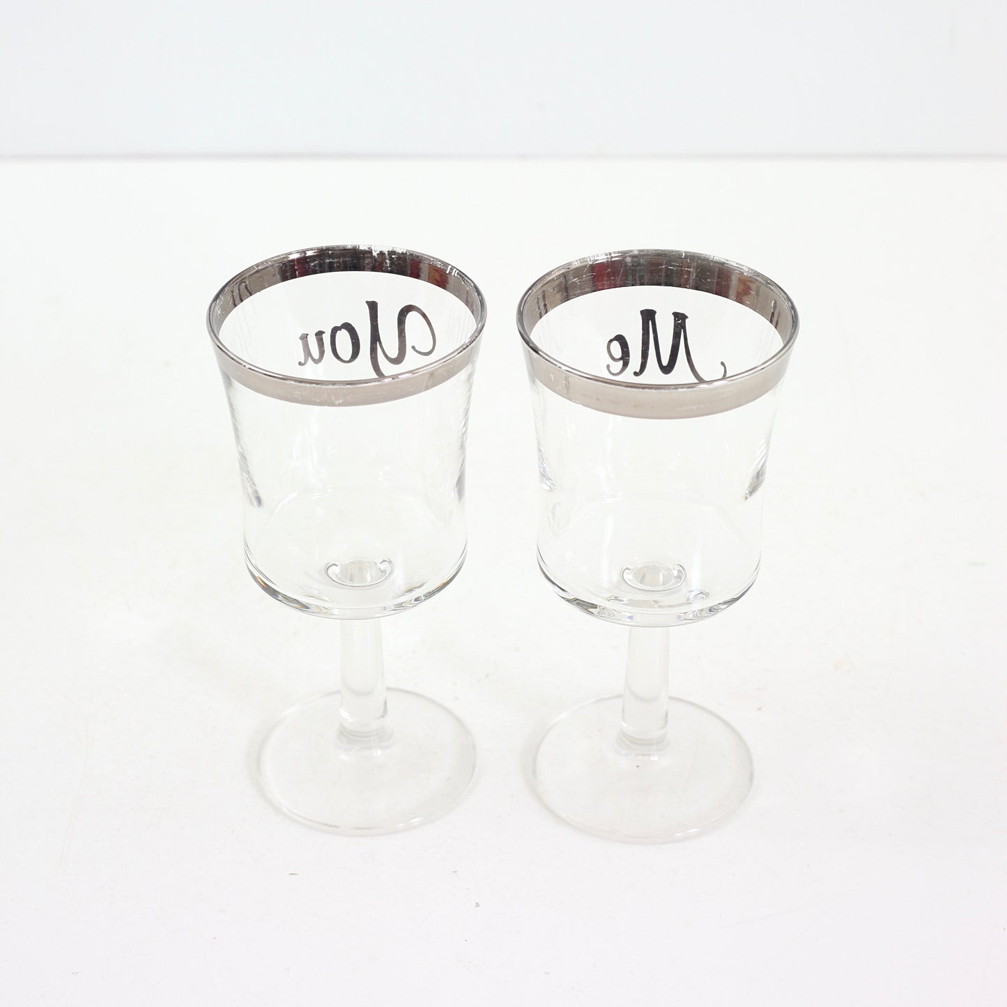 SOLD - Vintage Silver Rimmed You & Me Wine Glasses