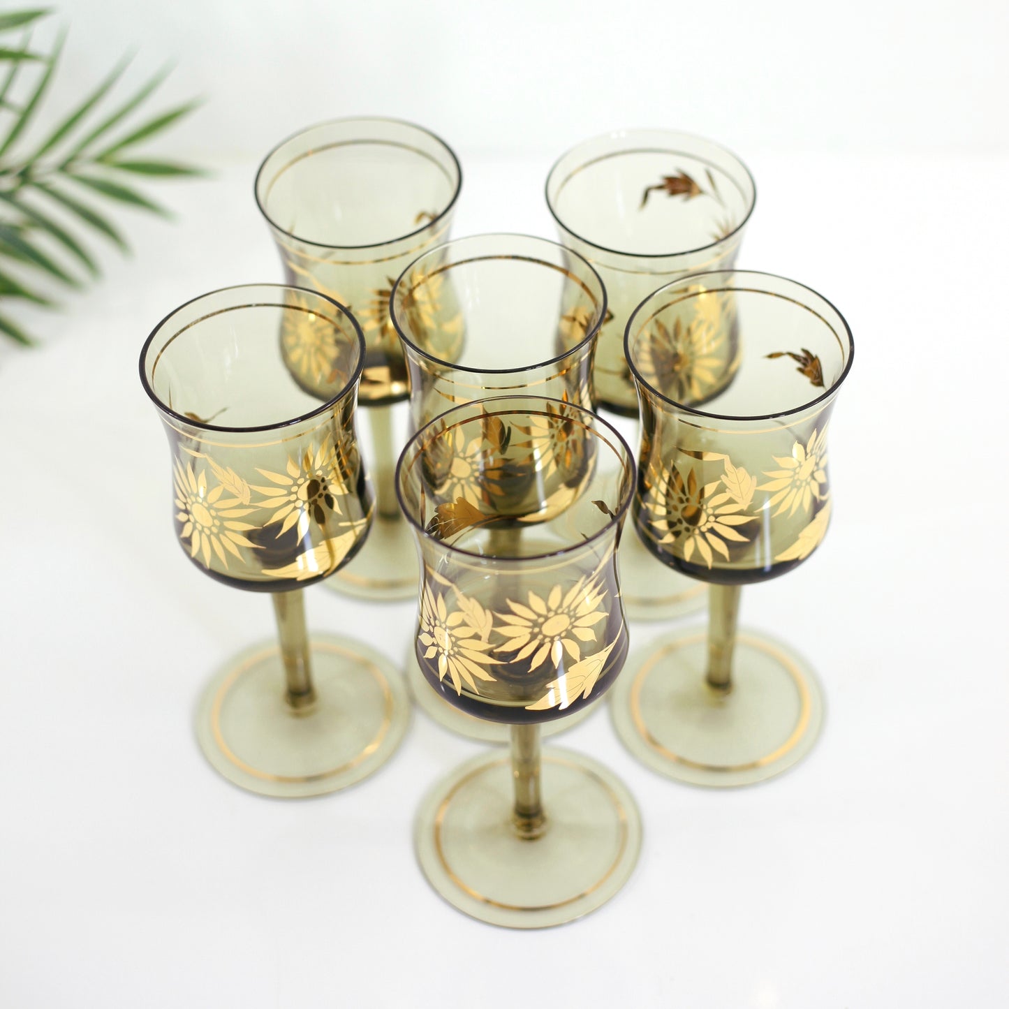 Set of Six Vintage Smoky Amber & Gold Romanian Sunflower Wine Glasses