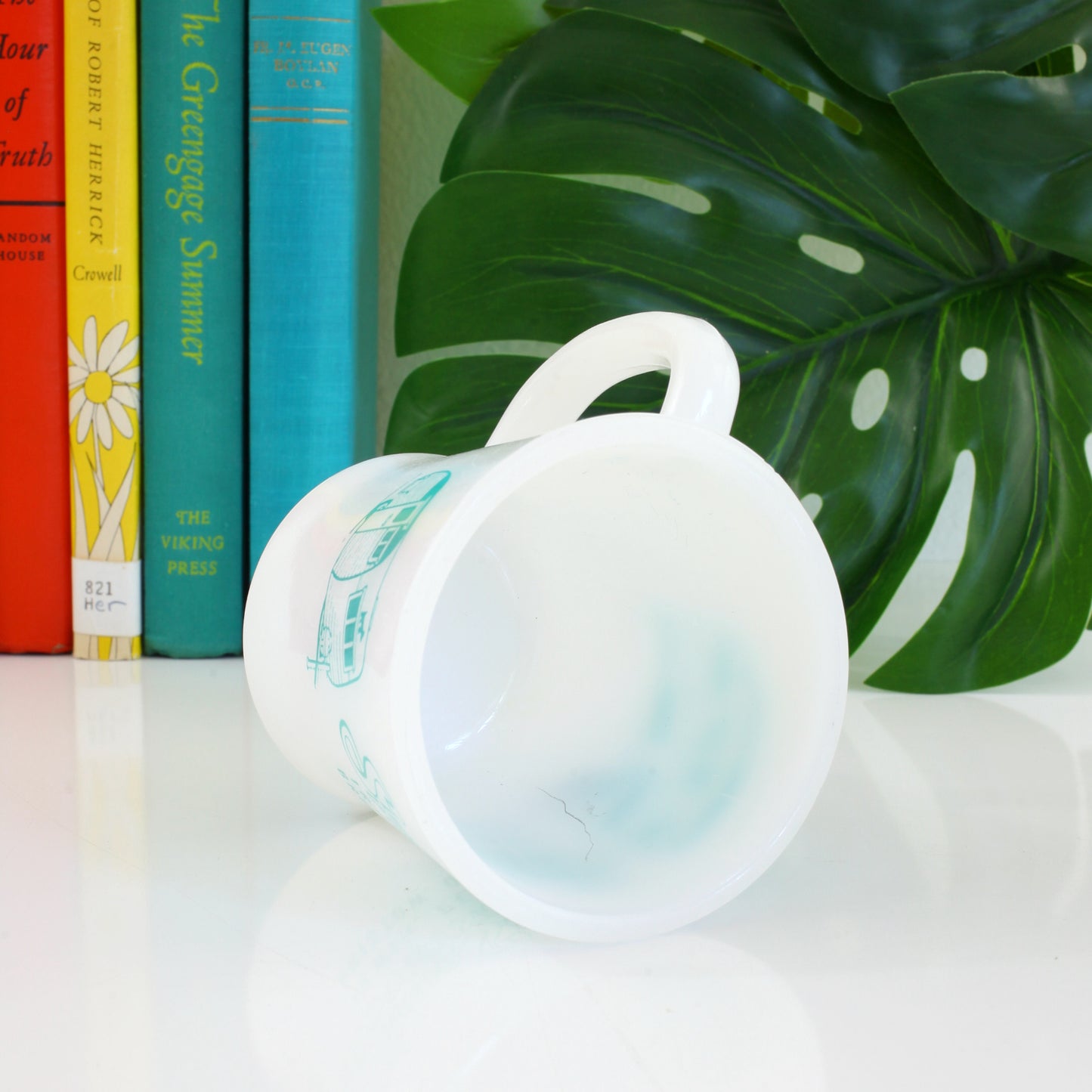 SOLD - Rare Vintage Serro Scotty Sportsman Camper Milk Glass Mug