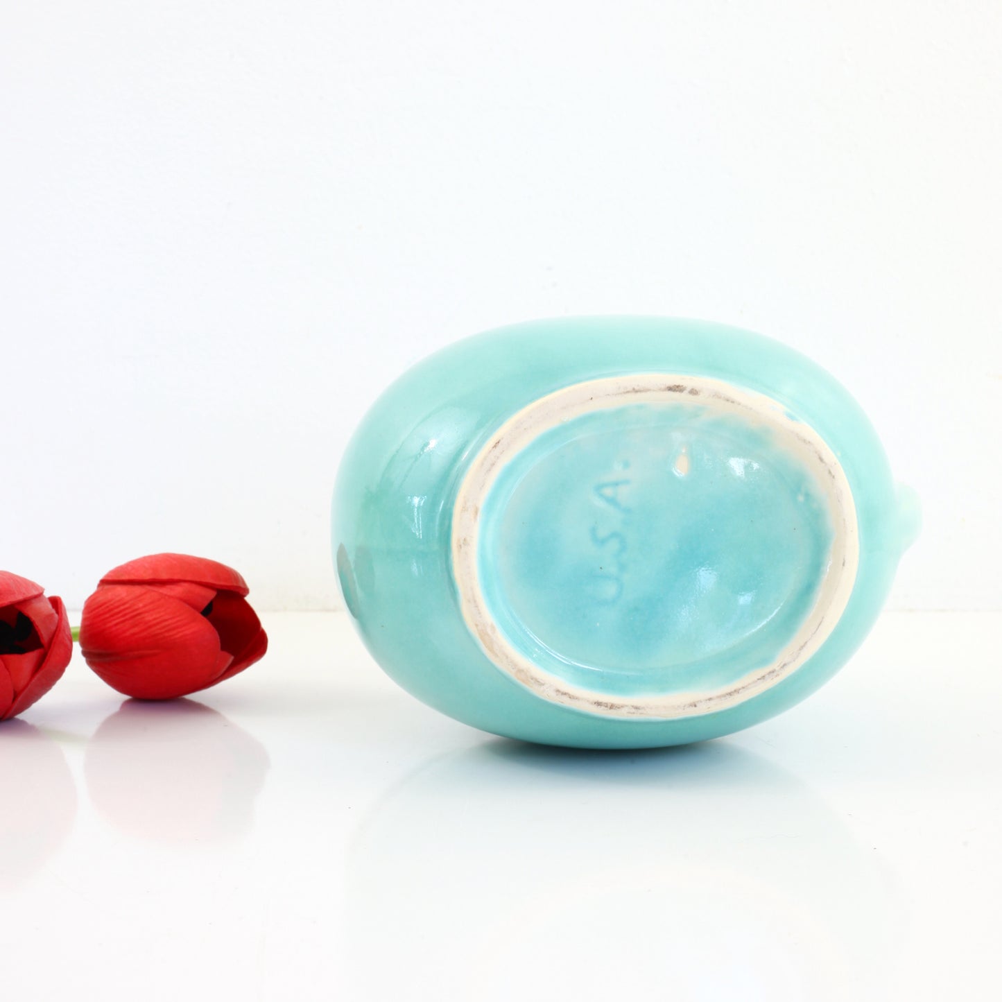 SOLD - Mid Century Aqua Ceramic Ball Pitcher