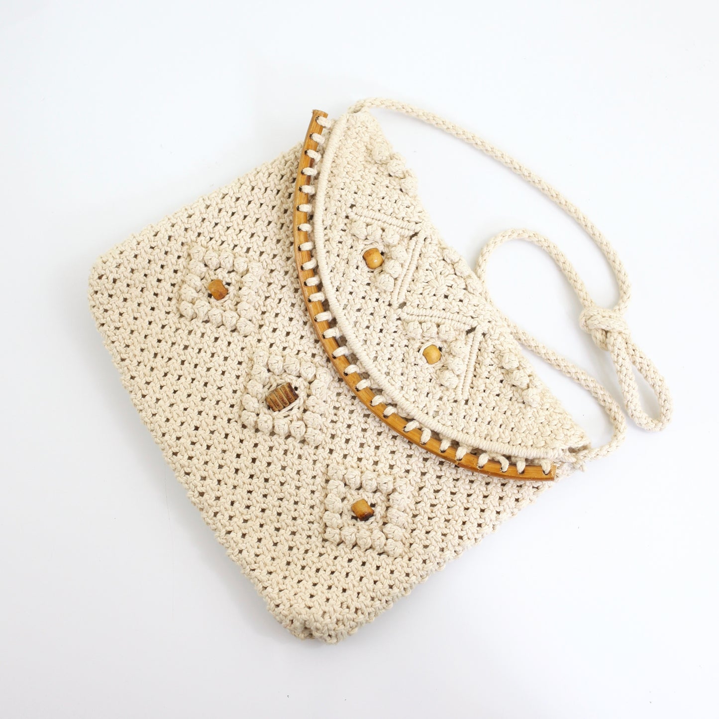 SOLD - Vintage Macrame Bag with Wooden Beads