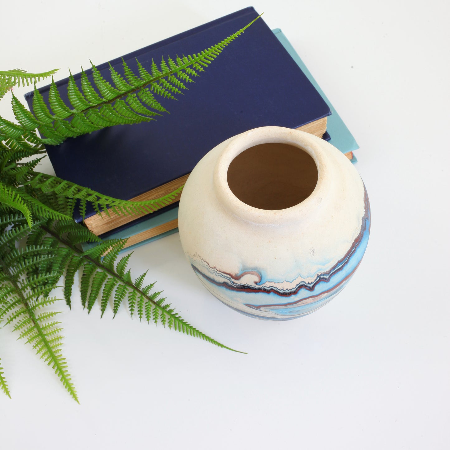 SOLD - Vintage Blue & Maroon Swirl Nemadji Pottery Vase