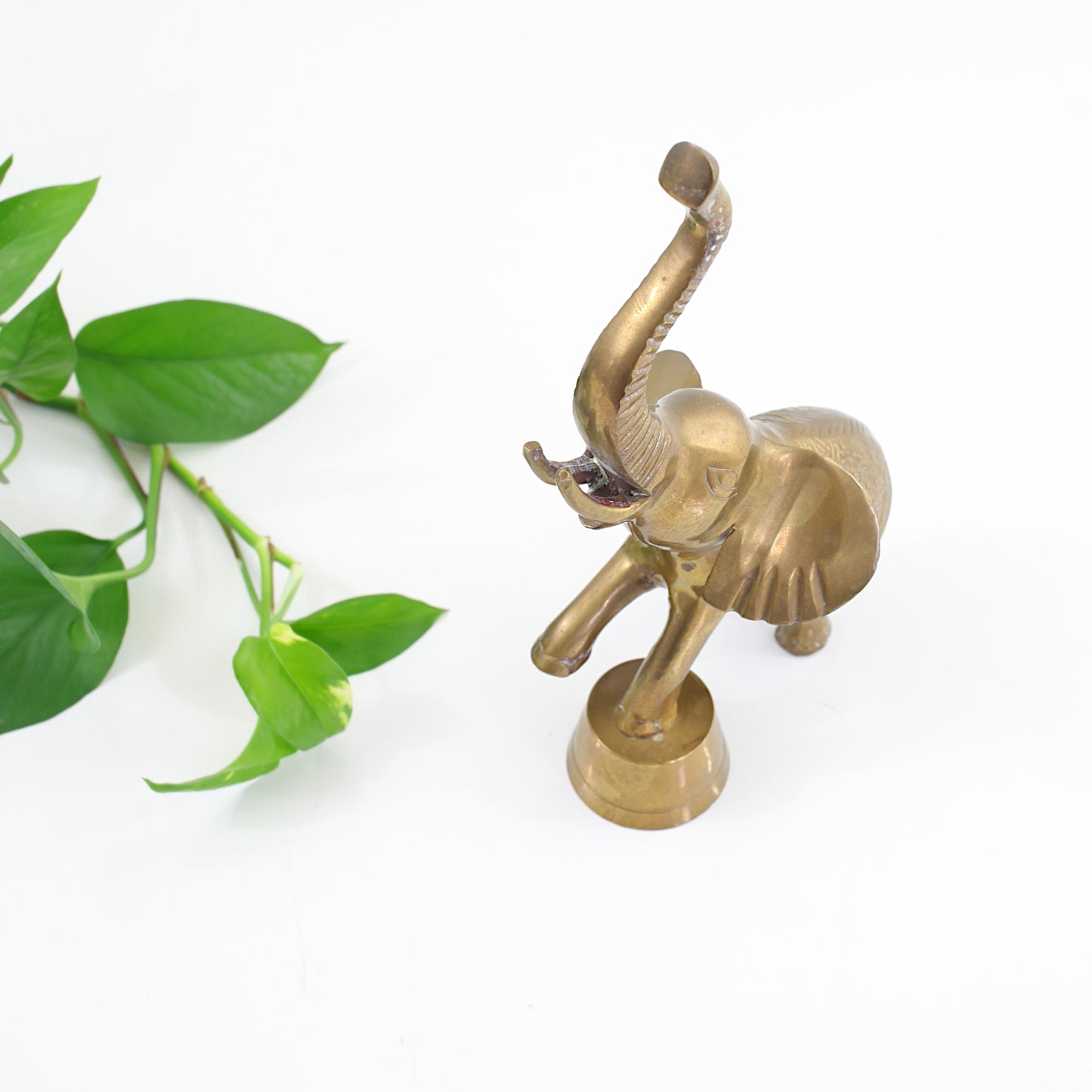 SOLD - Vintage Brass Elephant with Stamped Floral Motif