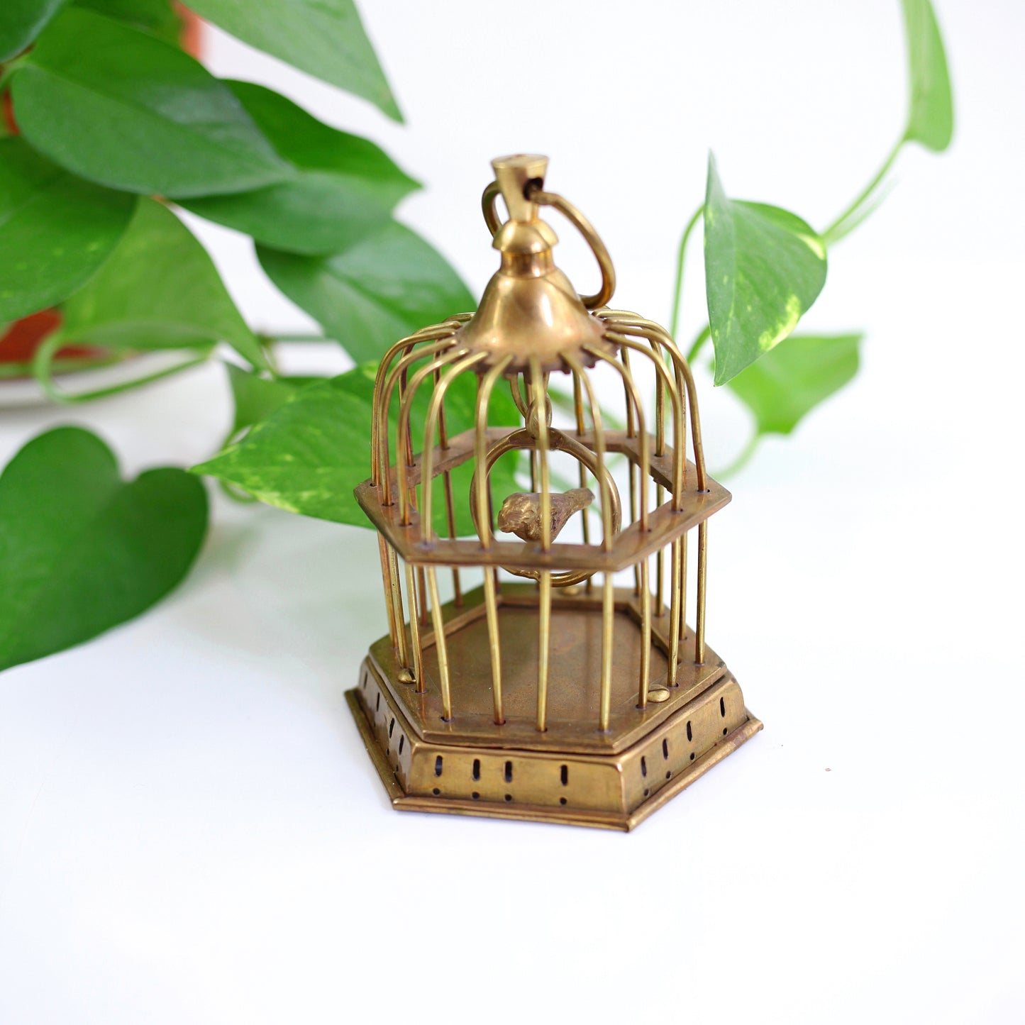 SOLD - Vintage Brass Bird Cage with Tiny Brass Bird