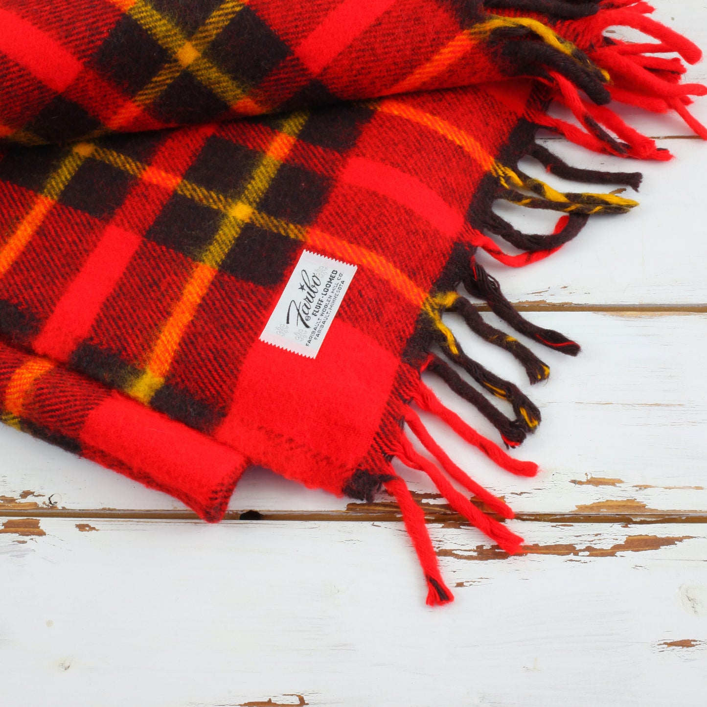 SOLD - Vintage Faribo Plaid Throw Blanket / Red, Yellow & Black
