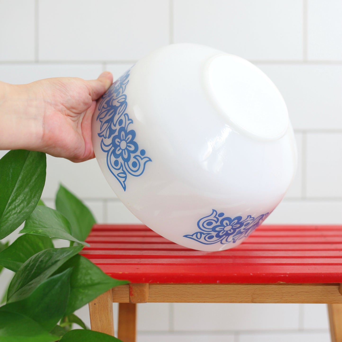 SOLD - Vintage Federal Glass Blue Tulip Flowers Milk Glass Mixing Bowl