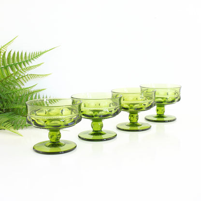 SOLD - Vintage Green King's Crown Thumbprint Champagne Glasses