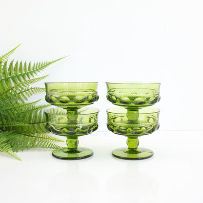 SOLD - Vintage Green King's Crown Thumbprint Champagne Glasses