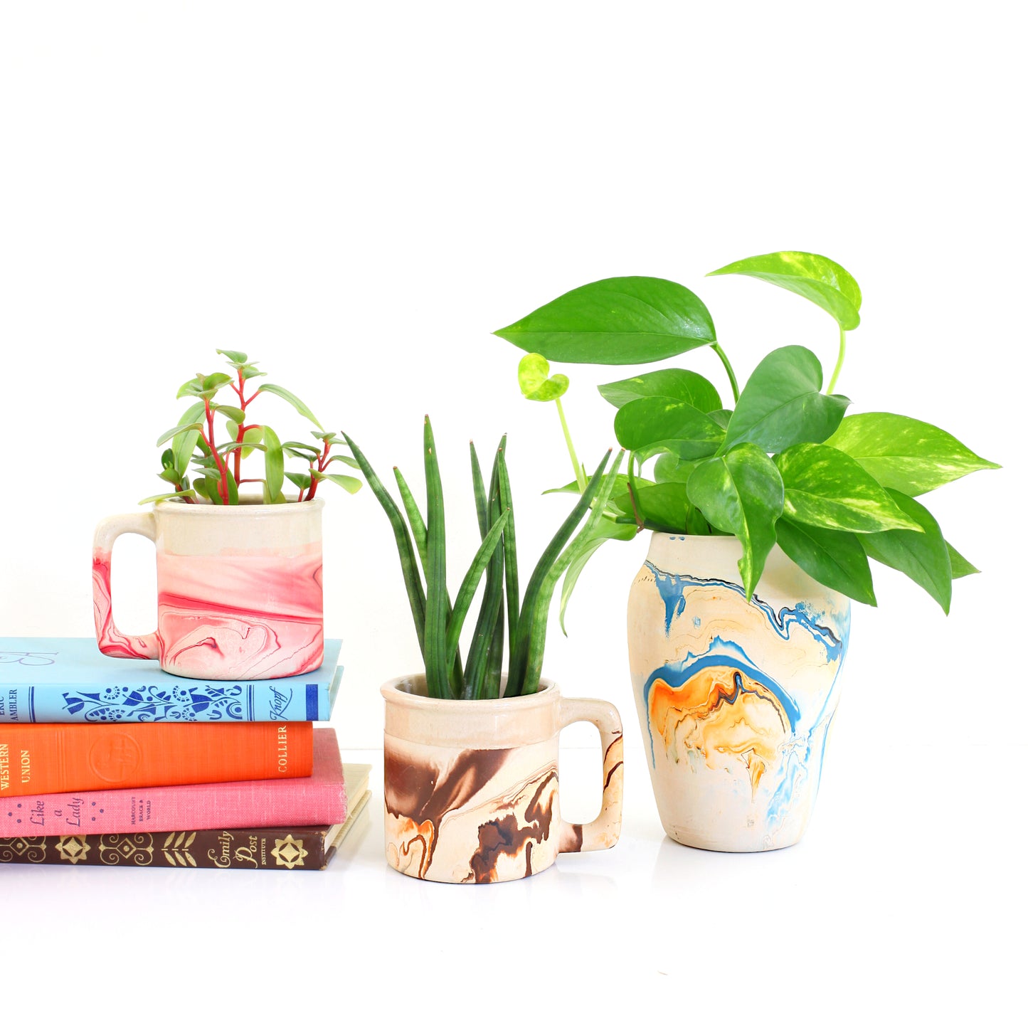 SOLD - Vintage Nemadji Pottery Vase / Orange & Blue Swirl