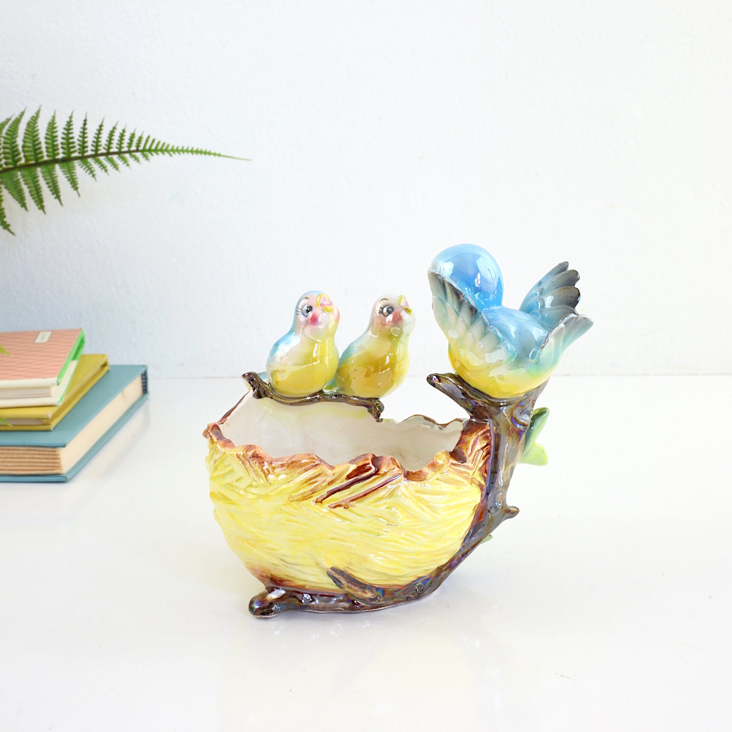 SOLD - Vintage Norcrest Ceramic Bluebirds in Nest Trinket Bowl