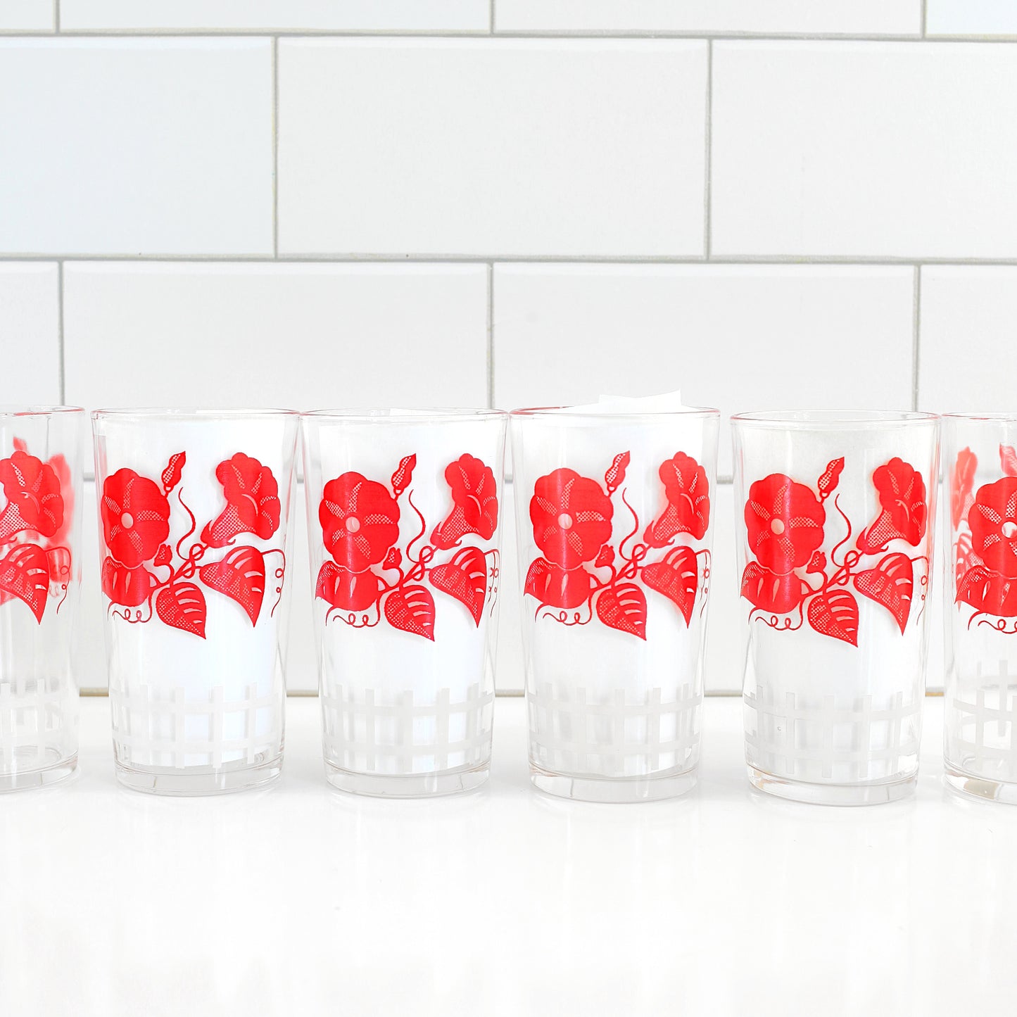 Vintage Red Morning Glory Glasses / Set of 6