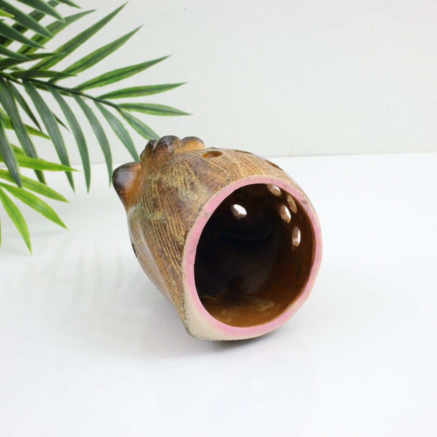 SOLD - Vintage Stoneware Owl Candle Holder & Incense Burner w/ Flower Eyes