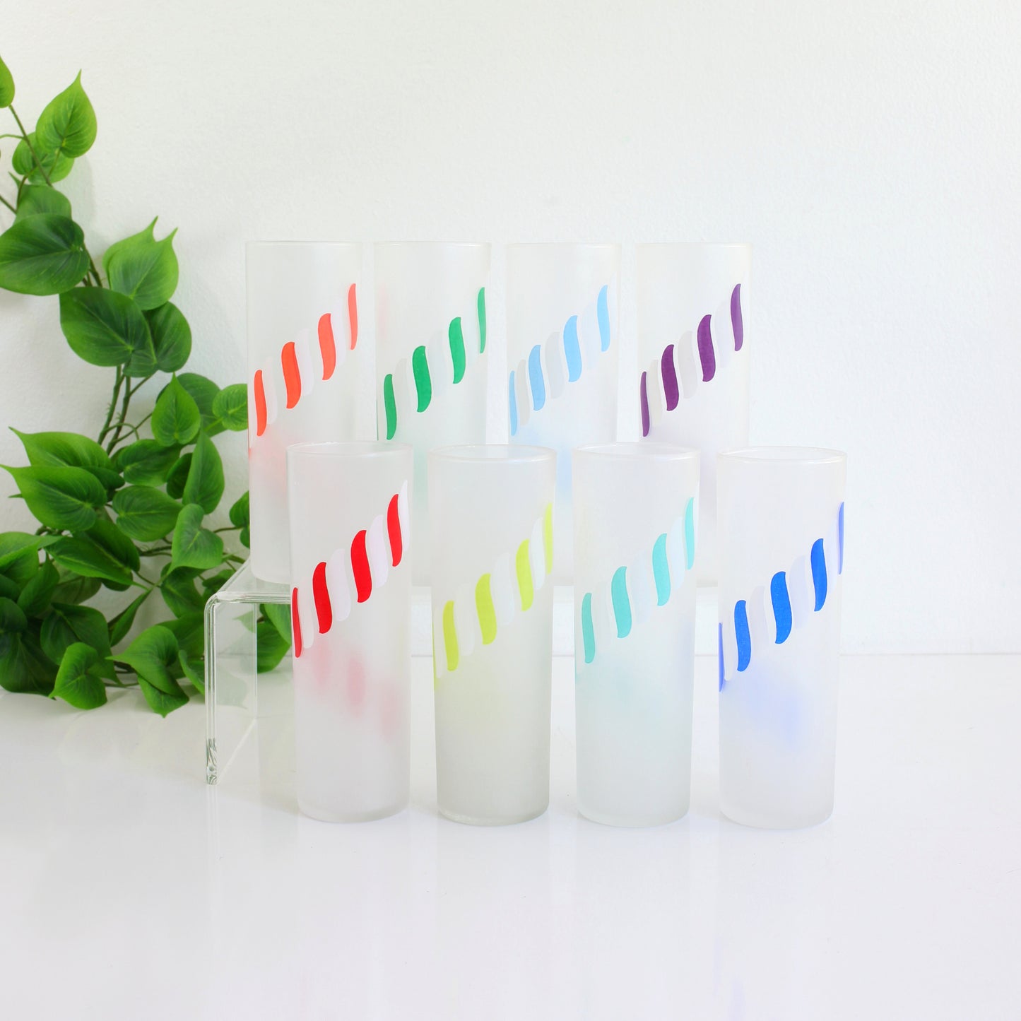Set of 8 Vintage Libbey Rainbow Candy Stripe Frosted Iced Tea Glasses