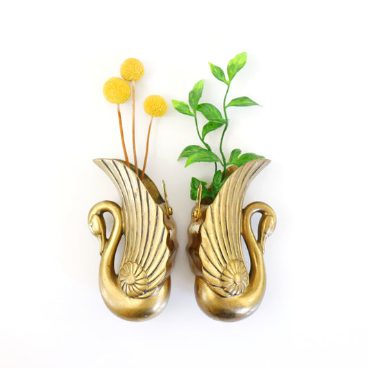 SOLD - Mid Century Brass Swan Wall Vases