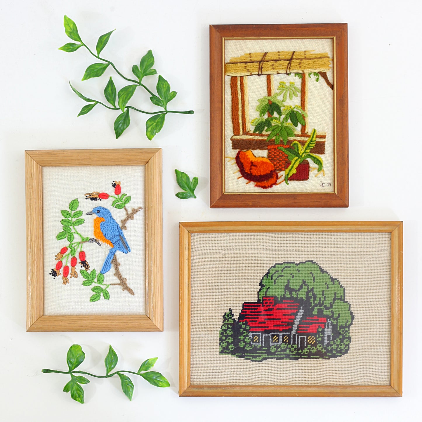 SOLD - Vintage Plants & A Cat Crewel Embroidery