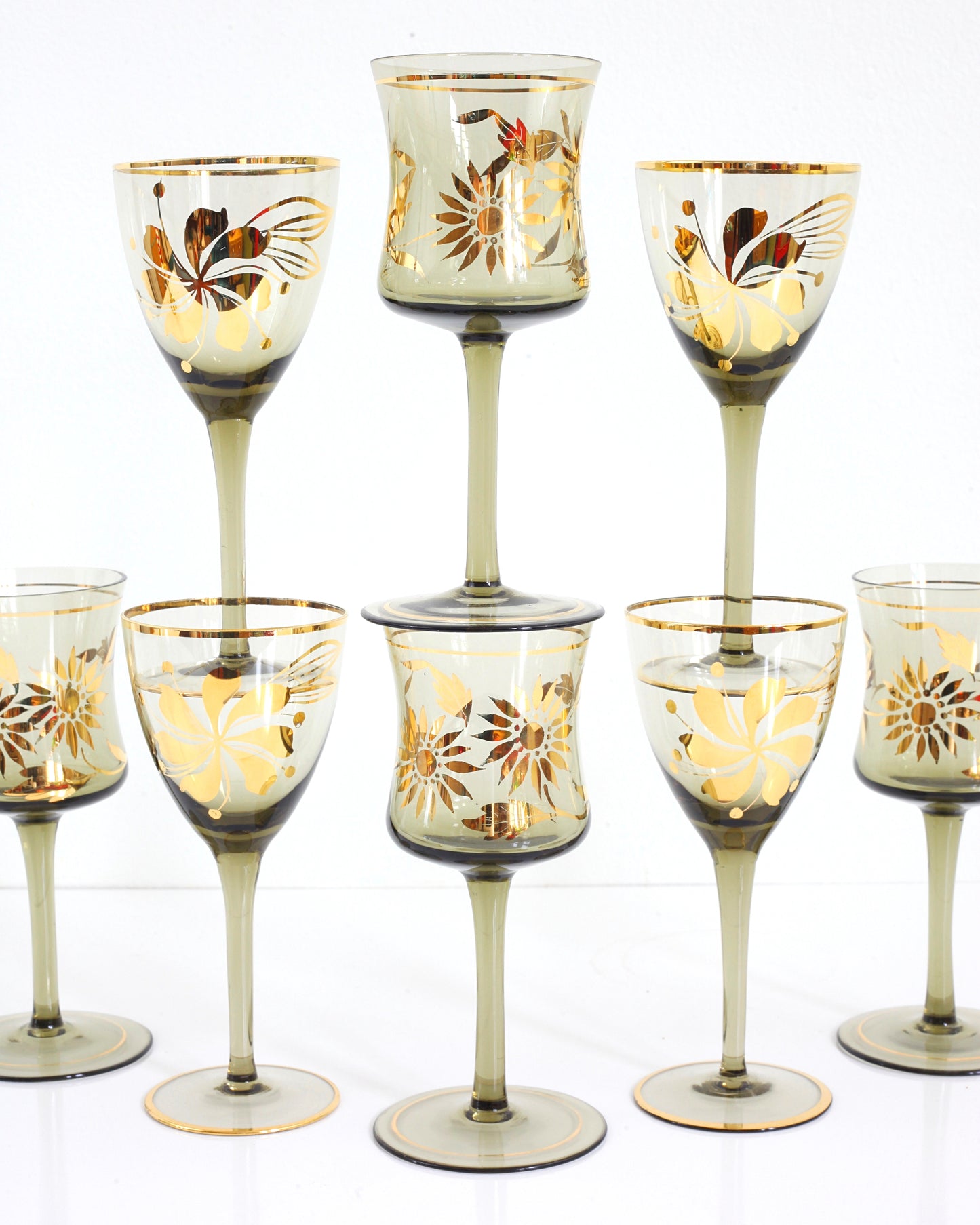 SOLD - Vintage Smoky Amber & Gold Romanian Sunflower Wine Glasses