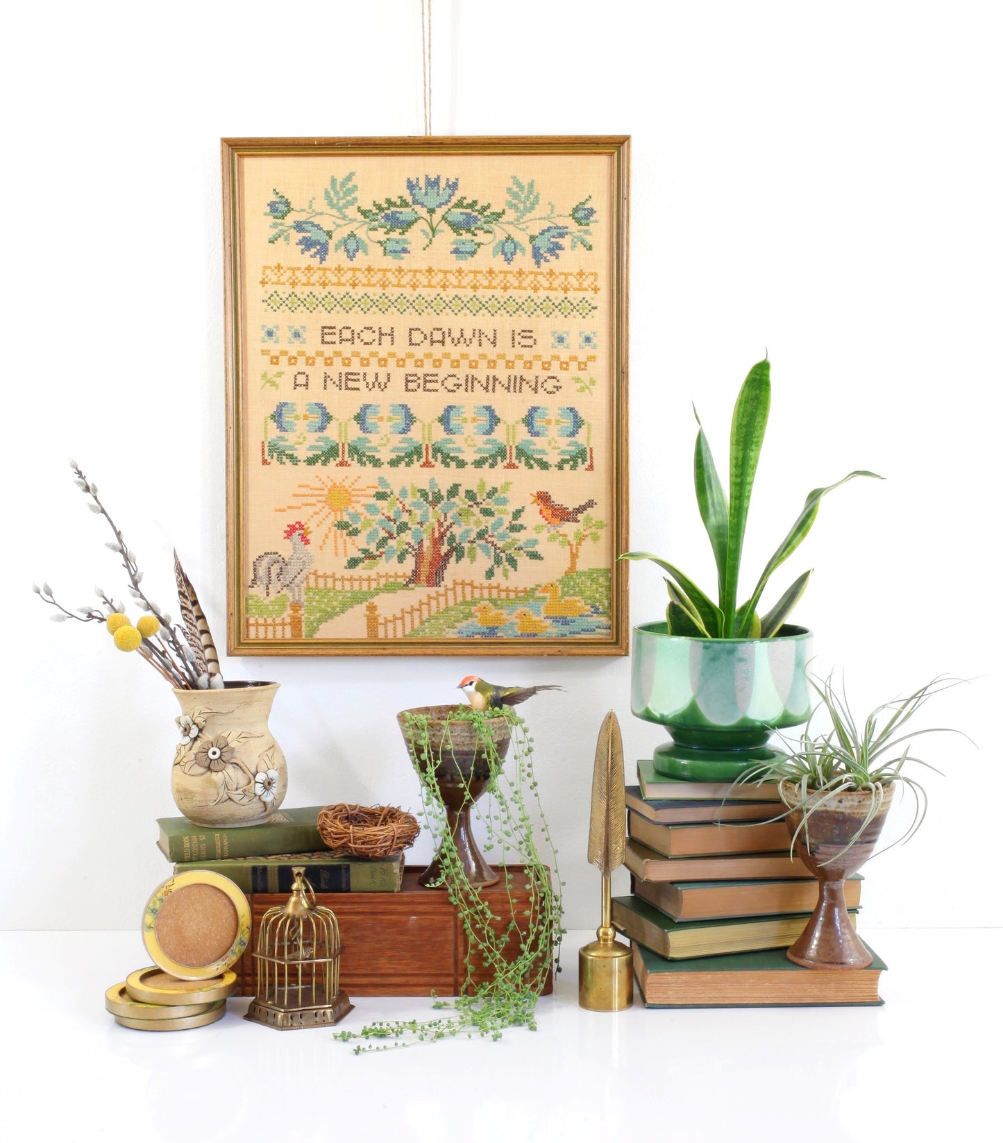 SOLD - Vintage Framed Cross Stitch / Each Dawn Is A New Beginning