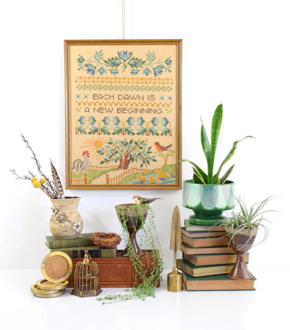 SOLD - Vintage Framed Cross Stitch / Each Dawn Is A New Beginning