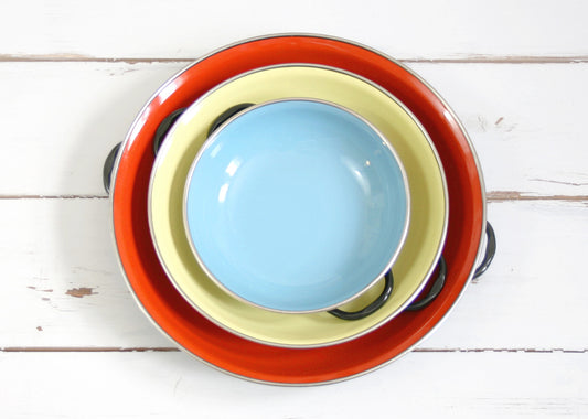 SOLD - Colorful Vintage Enamel Paella Pans / Mid Century Enamel Cookware