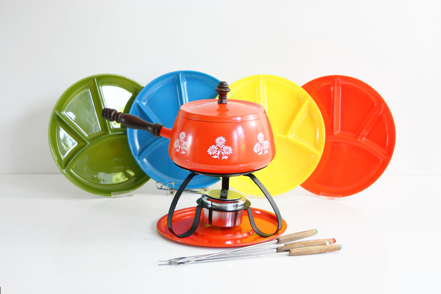 SOLD - Colorful Vintage Fondue Set / Mid Century Fondue Pot With Colorful Plates and Forks