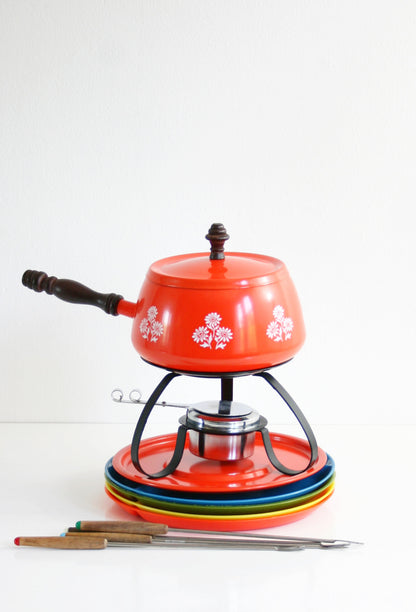 SOLD - Colorful Vintage Fondue Set / Mid Century Fondue Pot With Colorful Plates and Forks