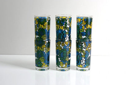 SOLD - Vintage Mid Century Modern Colorful Floral Drinking Glasses