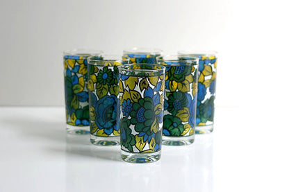 SOLD - Vintage Mid Century Modern Colorful Floral Drinking Glasses