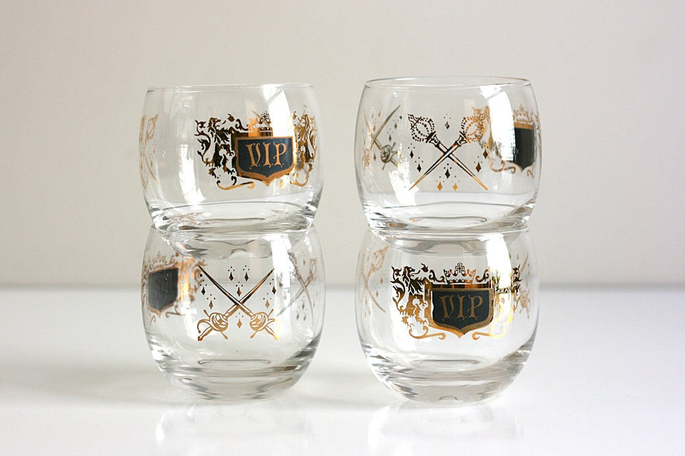 SOLD - Vintage Mid Century Black and Gold Roly Poly VIP Glasses