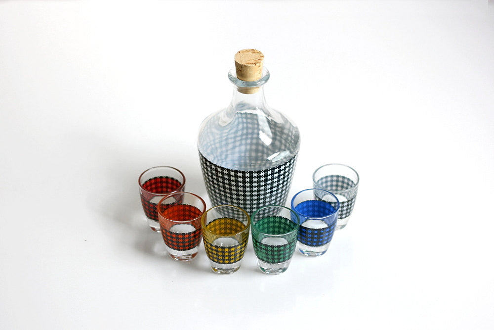 SOLD - Mid Century Modern Houndstooth Shot Glasses and Decanter Set from France