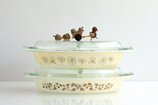 SOLD - Vintage Mid Century Pyrex Golden Acorn Divided Casserole Dish