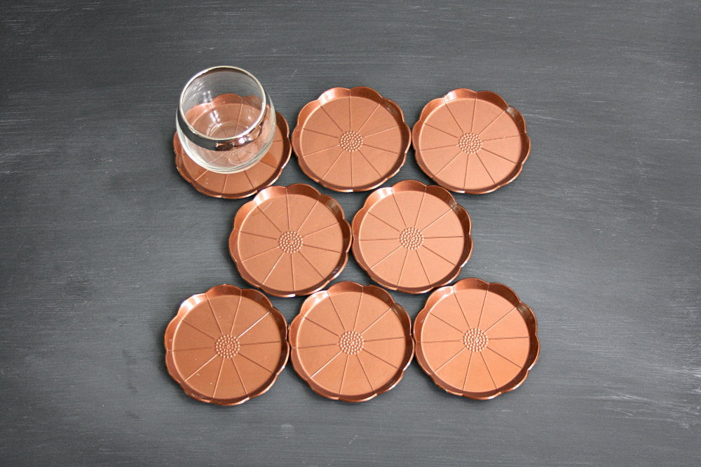 SOLD - Vintage Copper Flower Plastic Drink Coasters and Storage Box - The Jewel Box Coasters by Steeds