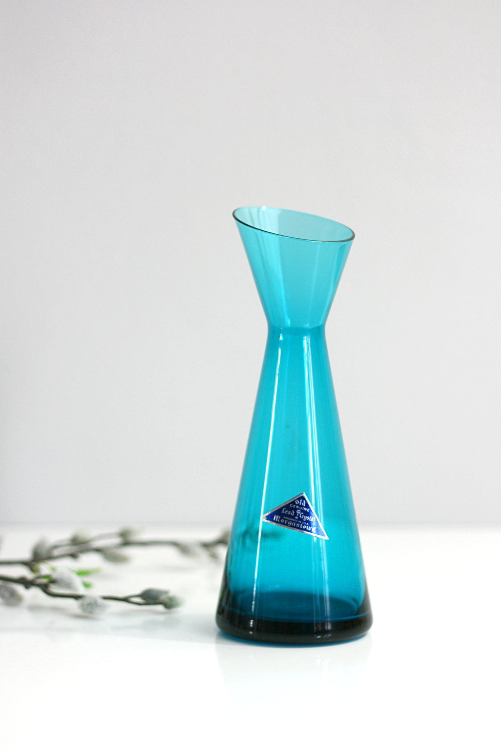 SOLD - Mid Century Modern Morgantown Glass Adams Slant Top Lead Crystal Vase in Peacock Blue