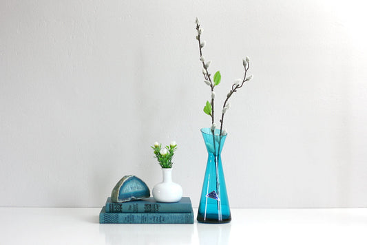 SOLD - Mid Century Modern Morgantown Glass Adams Slant Top Lead Crystal Vase in Peacock Blue