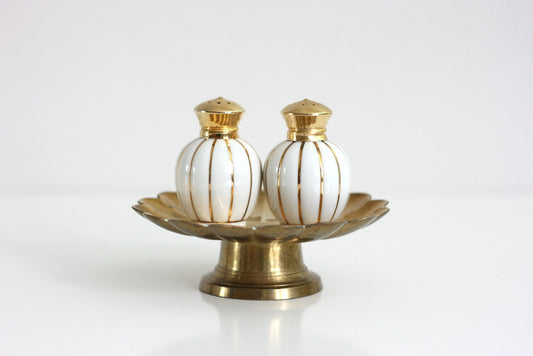 SOLD - Mid Century Gold and White Striped Salt and Pepper Shakers by Irice