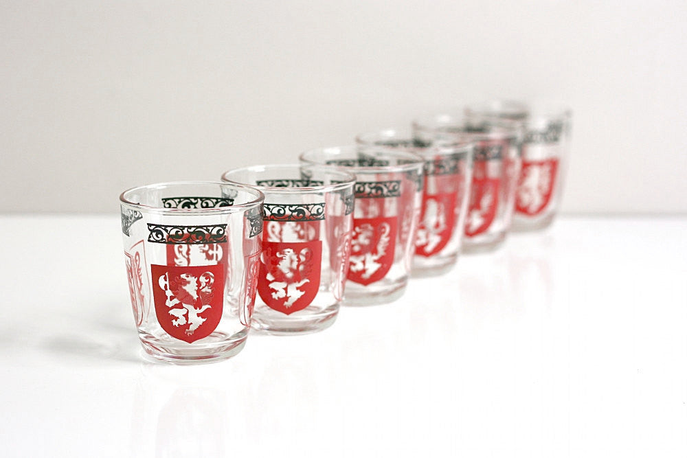 SOLD - Mid Century Swanky Swigs Lion and Shield Crest Cocktail Glasses
