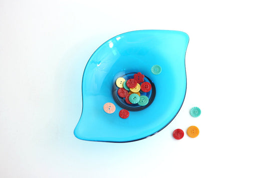 SOLD - Mid Century Modern Turquoise Viking Glass Dish / Peacock Blue Epic Atomic Dish