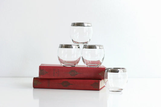SOLD - Mid Century Dorothy Thorpe Roly Poly Silver Rim Double Shot Glasses