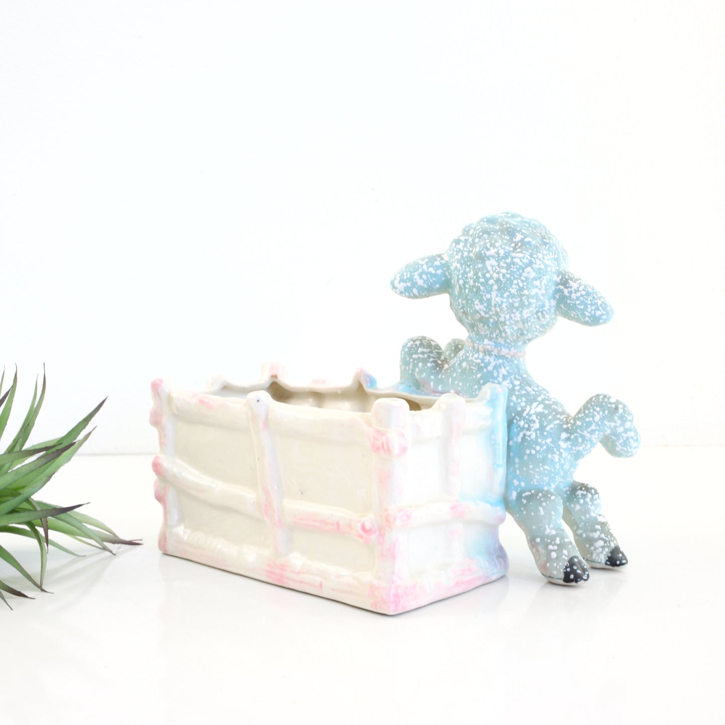 SOLD - Kitschy Vintage Splatter Glaze Lamb Planter