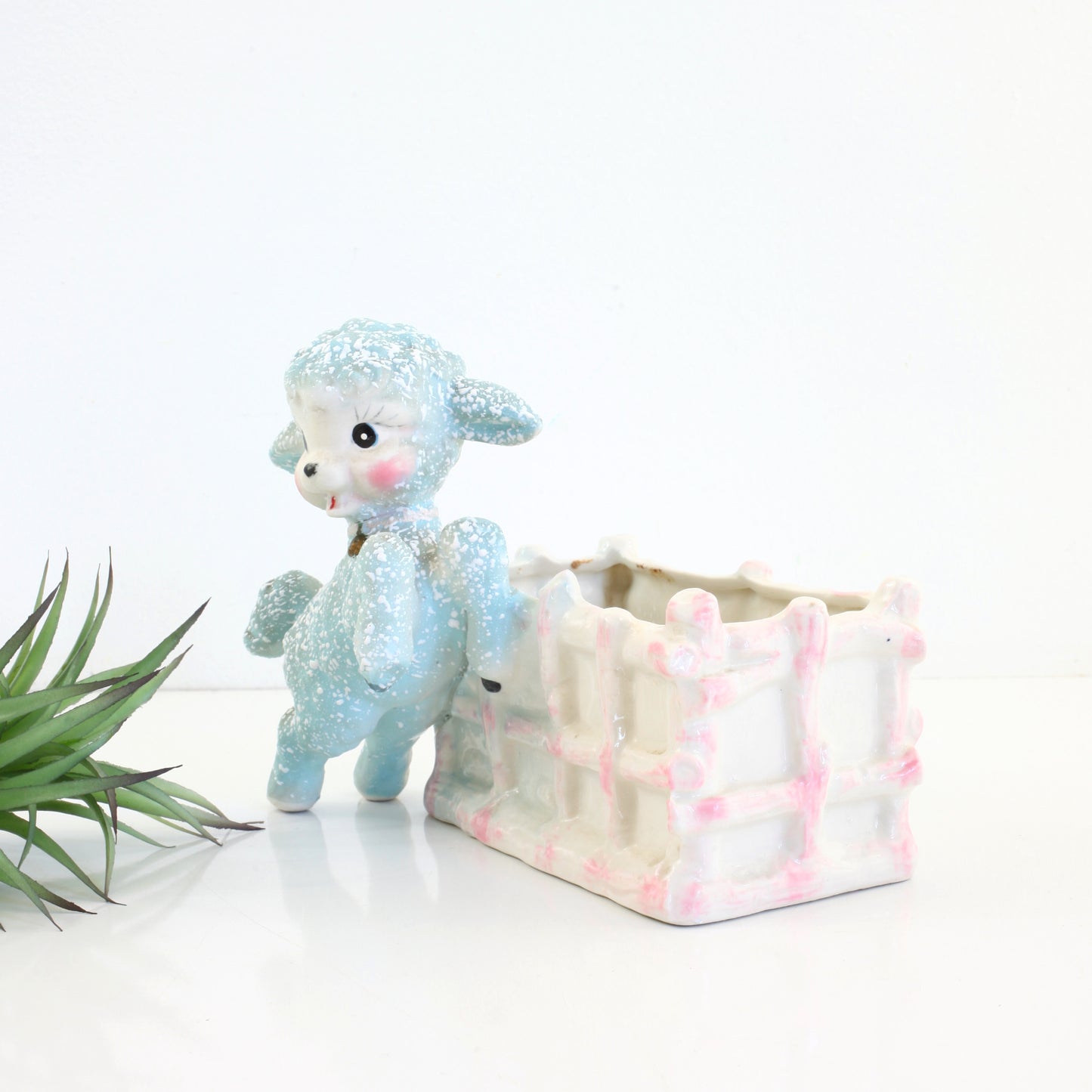 SOLD - Kitschy Vintage Splatter Glaze Lamb Planter