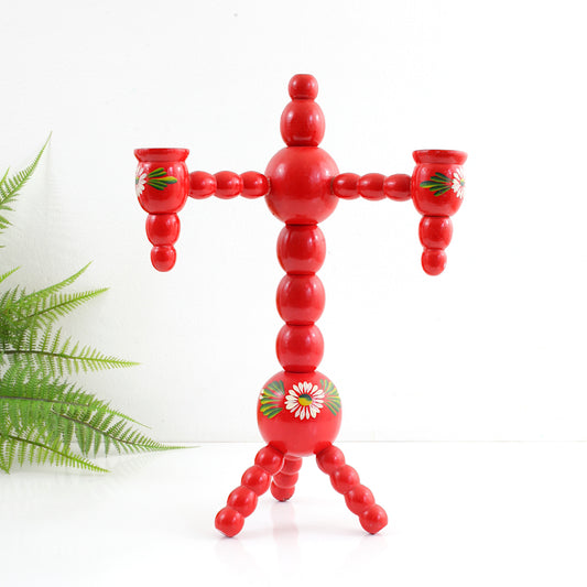 SOLD - Large Vintage Red Swedish Wood Ball Candelabra