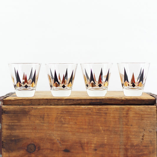 SOLD - Mid Century Golden Peaks Black & Gold Double Shot Glasses
