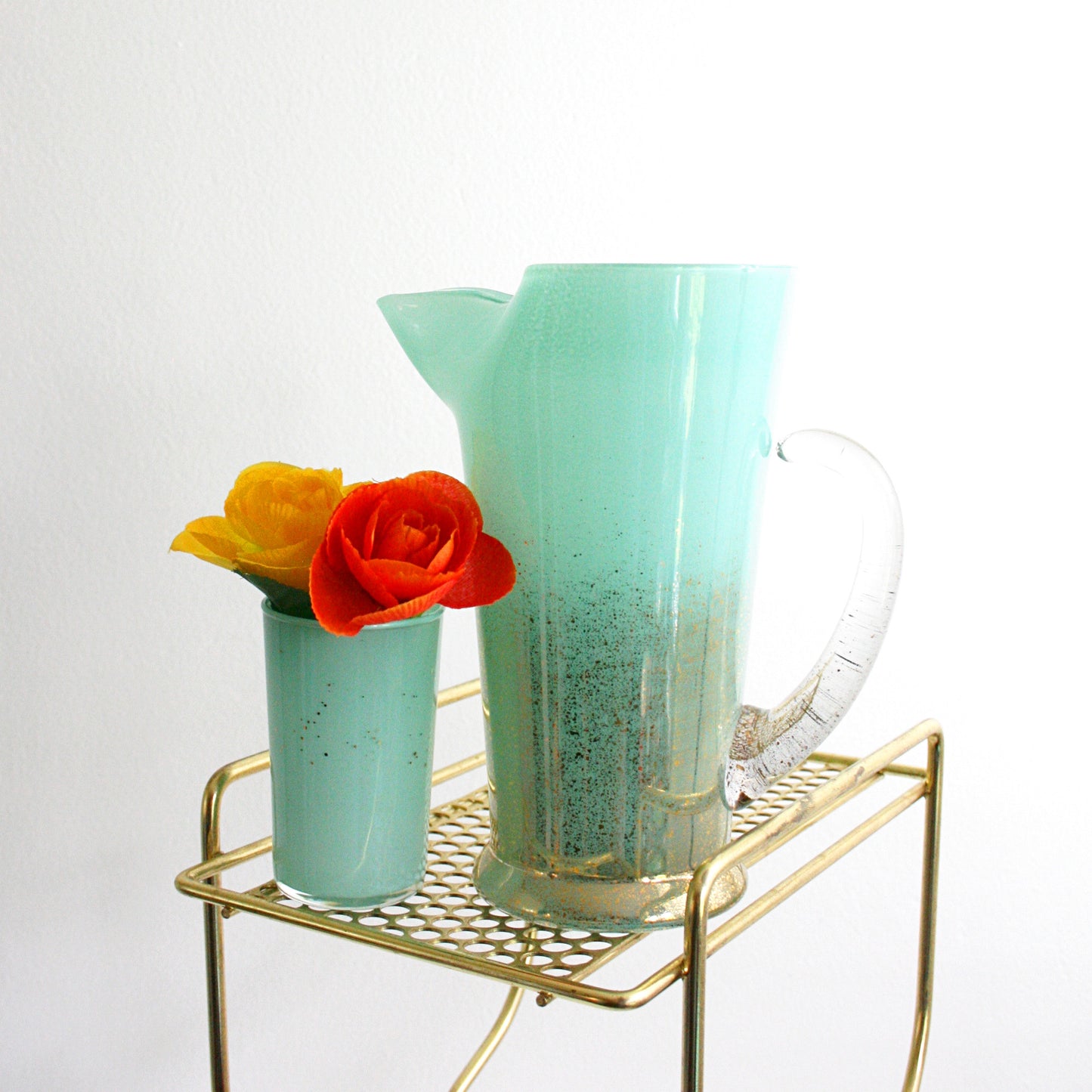 SOLD - Mid Century Modern Aqua and Gold Maritni Pitcher / Vintage Cocktail Pitcher and Glass