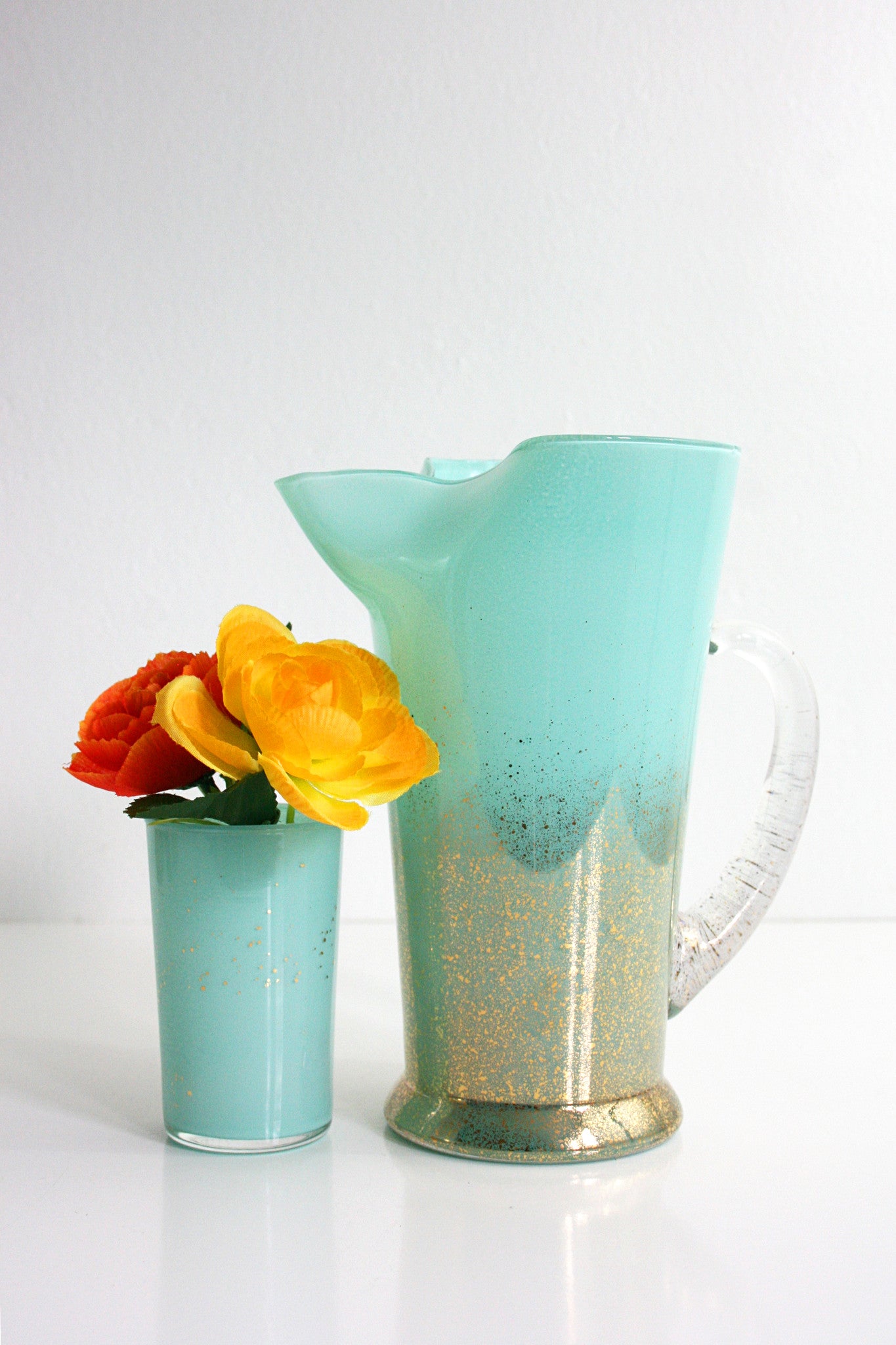 SOLD - Mid Century Modern Aqua and Gold Maritni Pitcher / Vintage Cocktail Pitcher and Glass