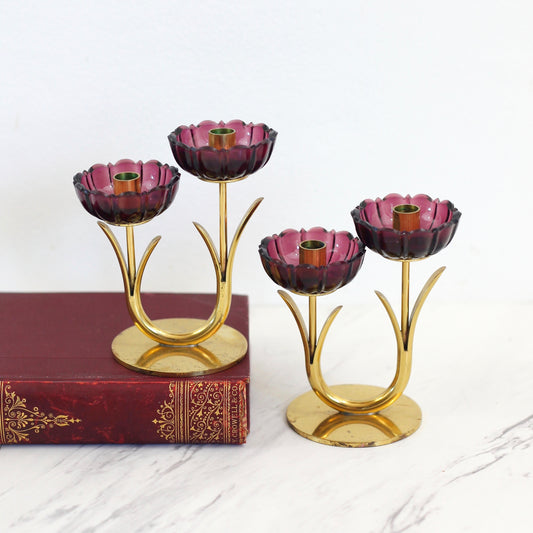 SOLD - Mid Century Modern Ystad Sweden Brass Flower Candlesticks