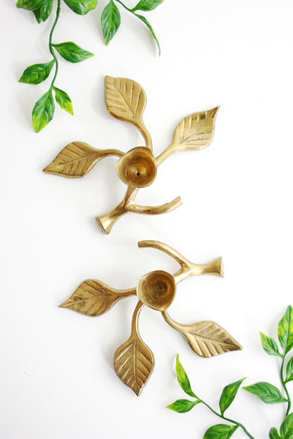 SOLD - Pair of Mid Century Brass Candlesticks - Leafy Branch Candle Holders
