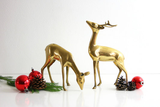SOLD - Mid Century Modern Brass Deer Pair / Large Vintage Brass Deer Figurines